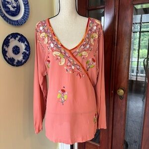 Soft Surroundings | Salmon Color Faux Wrap Tunic Blouse with Embroidery, Size L